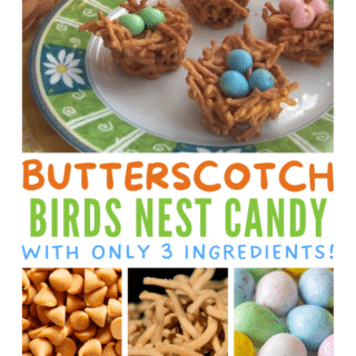 A photo of nest-shaped Butterscotch Bird Nest Candy made out of butterscotch-covered chow mein noodles formed into nests topped with pastel mini Easter egg candies. The nest candies are displayed on a floral patterned plate sitting next to a basket of vintage children's books, all of which are sitting in the sunshine streaming through a window.