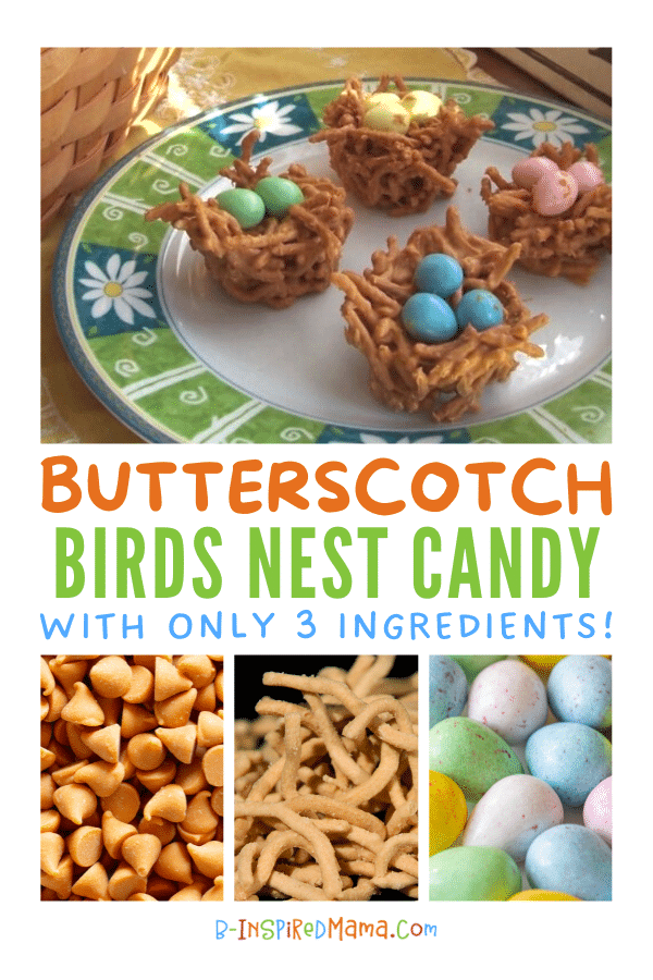 A photo of nest-shaped Butterscotch Bird Nest Candy made out of butterscotch-covered chow mein noodles formed into nests topped with pastel mini Easter egg candies. The nest candies are displayed on a floral patterned plate sitting next to a basket of vintage children's books, all of which are sitting in the sunshine streaming through a window.