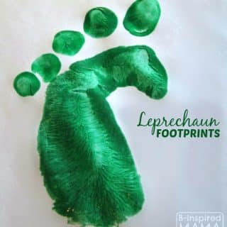 A green painted leprechaun footprint used for silly St. Patrick's Day tricks for kids.