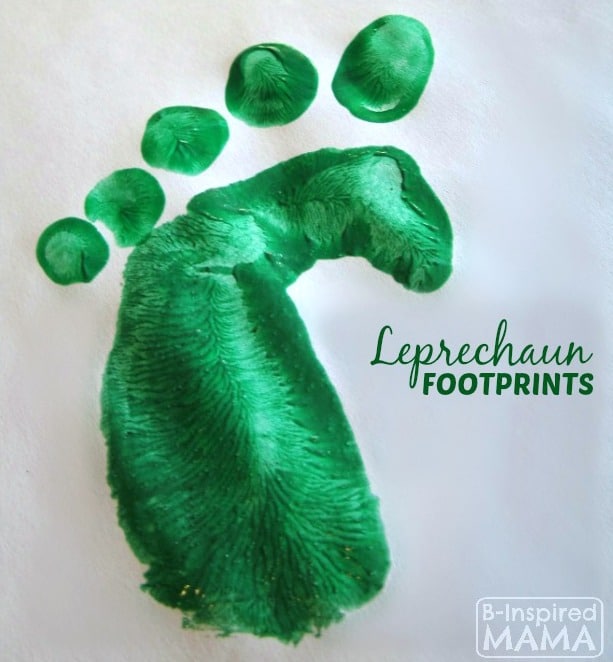 A green painted leprechaun footprint used for silly St. Patrick's Day tricks for kids.