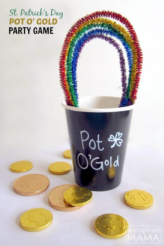 Pot of gold game with a rainbow handle and gold chocolate coins.