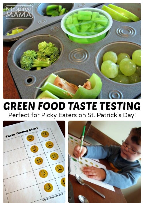 Picky Eater Test list for St. Patty's day with green jello, broccoli, celery with peanut butter, green grapes, cucumbers, and more.
