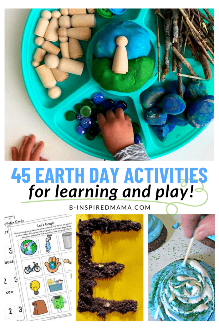 Collage of 4 photos of kids activities for Earth Day including a toddlers hands playing with a sensory tray with blue and green objects, sticks, and stones, a hand swirling blue and white frosting on a chocolate cookie, a preschool craft of a letter E made out of dirt, and Earth Day themed preschool learning worksheets.