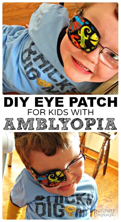 A collage of two photos of a happy young child wearing a fabric eye patch for lazy eye on their eyeglasses. The eye patch has colorful lizards on the fabric.