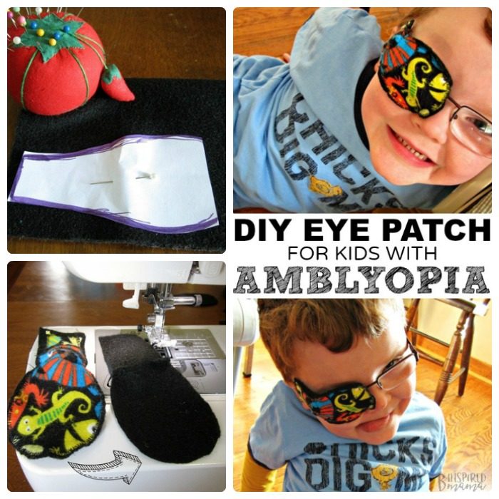 Collage of 4 photos of the steps for making a kids DIY Eye Patch for Lazy Eye. Two photos feature a smiling child wearing a colorful fabric DIY eyepatch.