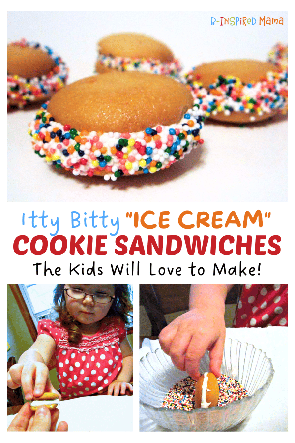 A collage of photos of Mini Ice Cream Cookie Sandwiches including a little girl helping to make them.