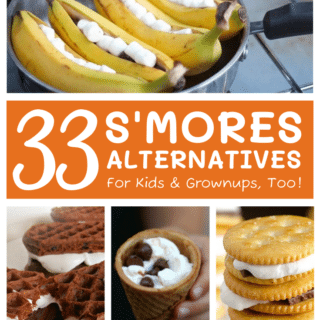 A collage of photos of unique s'mores alternatives, including Banana Boat Smores made by stuffing bananas with mini marshmallows and chocolate, Sweet n' Salty S'mores made with Ritz crackers, Double Chocolate Waffle S'mores made with chocolate toaster waffles, and a S'mores Cone made with an ice cream sugar cone.
