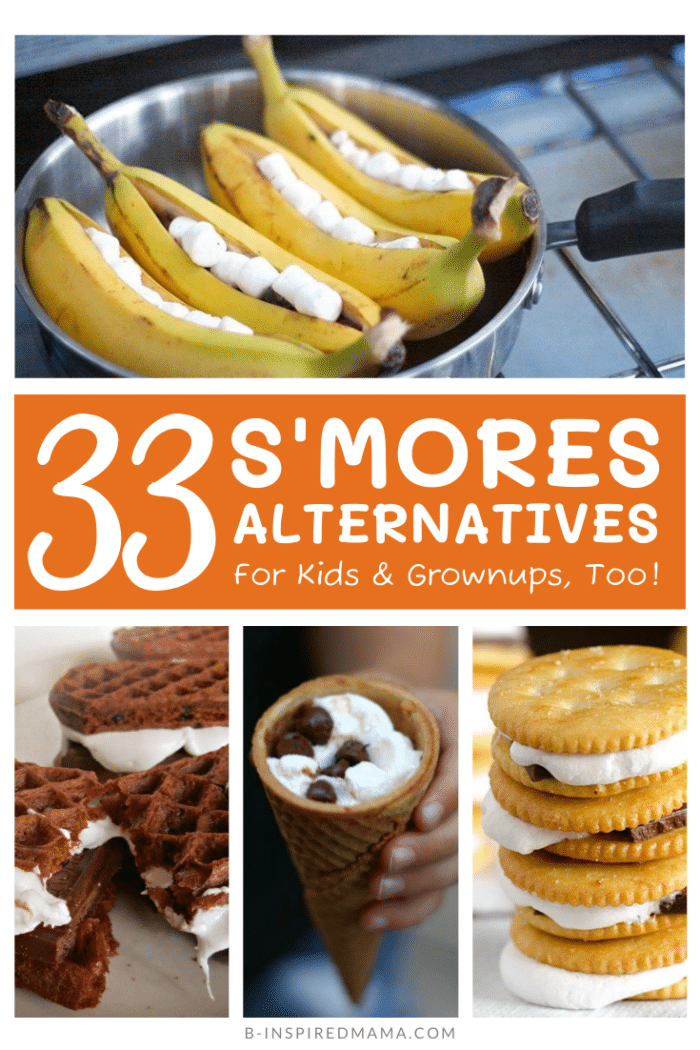 A collage of photos of unique s'mores alternatives, including Banana Boat Smores made by stuffing bananas with mini marshmallows and chocolate, Sweet n' Salty S'mores made with Ritz crackers, Double Chocolate Waffle S'mores made with chocolate toaster waffles, and a Campfire Dessert Cone made with an ice cream sugar cone.