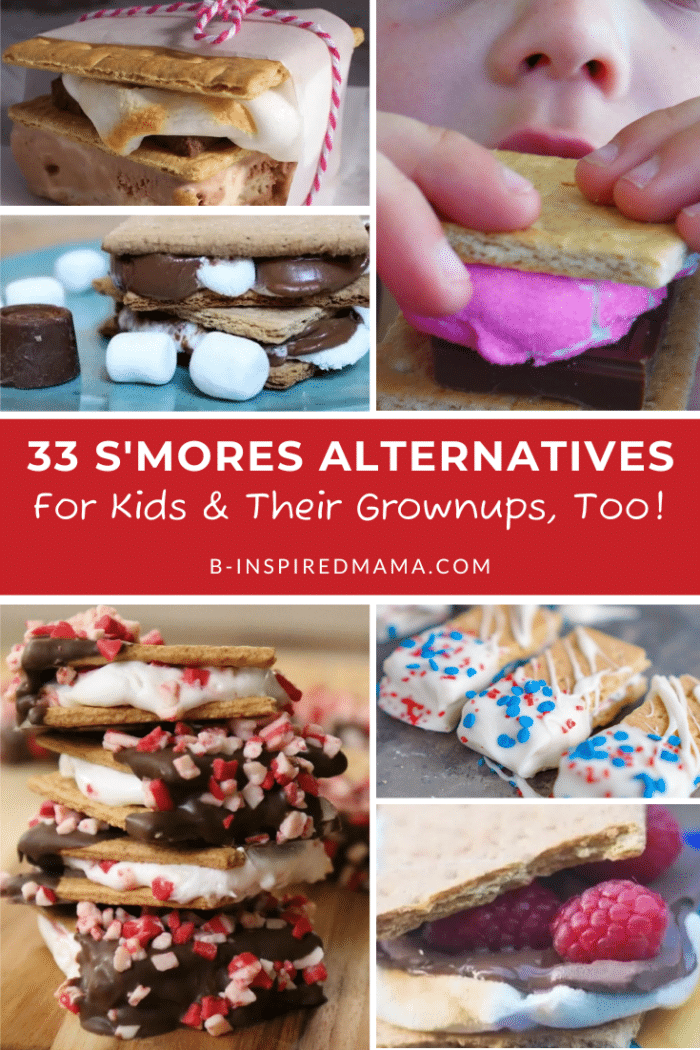 A collage of photos of unique s'mores alternatives, including an Ice Cream S'more, an Easter Peeps Smore, a Chocolate Caramel S'more, White Chocolate 4th of July S'mores, Peppermint Smores, and a Chocolate Raspberry S'more.