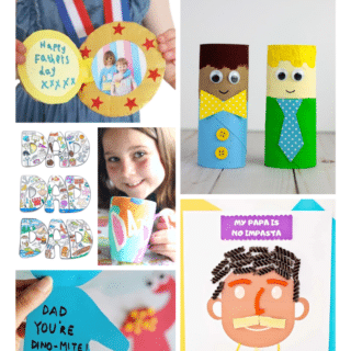 A collage of photos of various Father's Day gifts preschoolers can make, including a child wearing and showing off a homemade cardboard Medal that opens up to show a photo of them with dad and the message "Happy Father's Day", two toilet paper roll Dads with construction paper necktie and bowtie, hair, and googly eyes, a printable DAD-shaped Father's Day card for kids to color, a smiling girl holding a coffee mug that she has decorated with colorful markers, a person holding a handprint-shaped card that says "Dad, you're dino-mite!" with a dinosaur handprint craft card in the background, and a portrait of dad decorated with dried pasta featuring the pun, "My papa is no im-pasta."