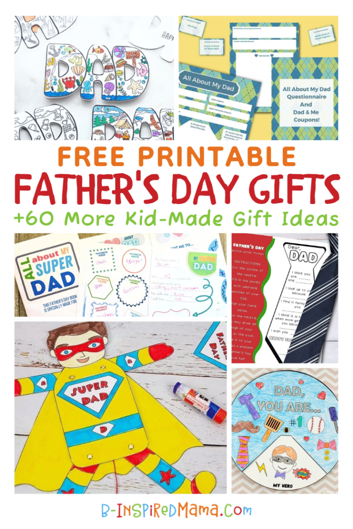 A collage of photos of various printable Father's Day gifts from kids, including DAD-shaped cards kids can color, printable questionnaire sheets to fill out about dad, a tie-shaped printable letter to fill out about dad, a printable super hero Father's Day puppet craft, and a printable round spinner craft for Father's Day.