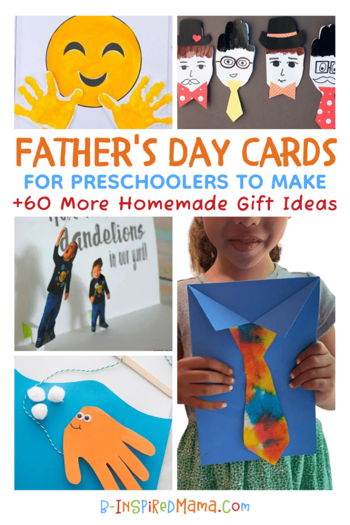 A collage of photos of various preschool Father's Day cards, including a bright yellow, smiling emoji with yellow handprint hands, a set of handprint-shaped cards made to look like different dads with paper bow ties, neckties, and hats, a popup card with photos of kids popping up when the card opens, a smiling girl holding a handmade Father's Day card in the shape of a shirt with a tie-dyed necktie, and a fishing-themed card with an orange handprint fish and a popsicle stick fishing pole.