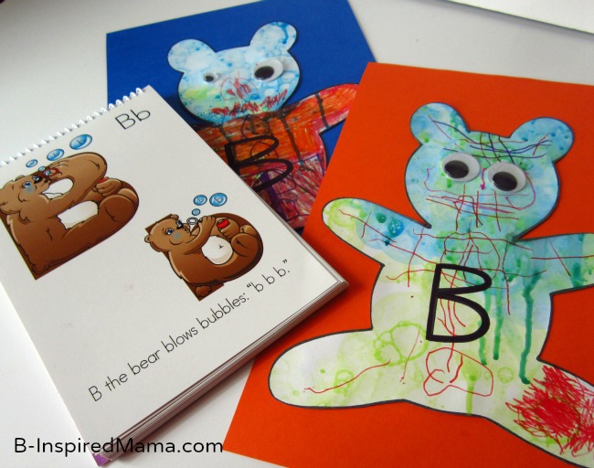 A photo of a bear-shaped letter B craft with a big letter B and googly eyes.
