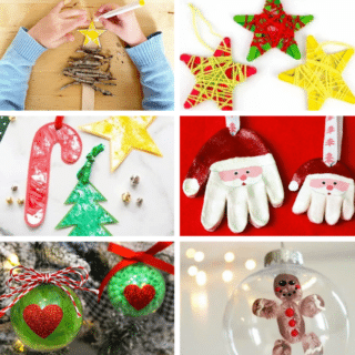 A collage of 6 photos of preschool ornament ideas and preschool ornament crafts, including a child's hands making a Christmas tree ornament out of sticks, a group of star ornaments made out of craft sticks wrapped in yarn, a group of paper Christmas ornaments painted in bright colors and textures, a group of 2 handprint Santa salt dough ornaments, a group of 2 Grinch-inspired clear ball ornaments filled with green feathers featuring red hearts on the outside, and a handmade ornament with a child's brown paint fingerprints turned into a cute gingerbread man.