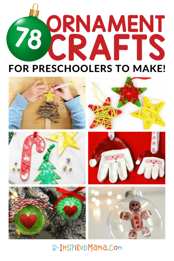 A collage of 6 photos of preschool ornament ideas and preschool ornament crafts, including a child's hands making a Christmas tree ornament out of sticks, a group of star ornaments made out of craft sticks wrapped in yarn, a group of paper Christmas ornaments painted in bright colors and textures, a group of 2 handprint Santa salt dough ornaments, a group of 2 Grinch-inspired clear ball ornaments filled with green feathers featuring red hearts on the outside, and a handmade ornament with a child's brown paint fingerprints turned into a cute gingerbread man.