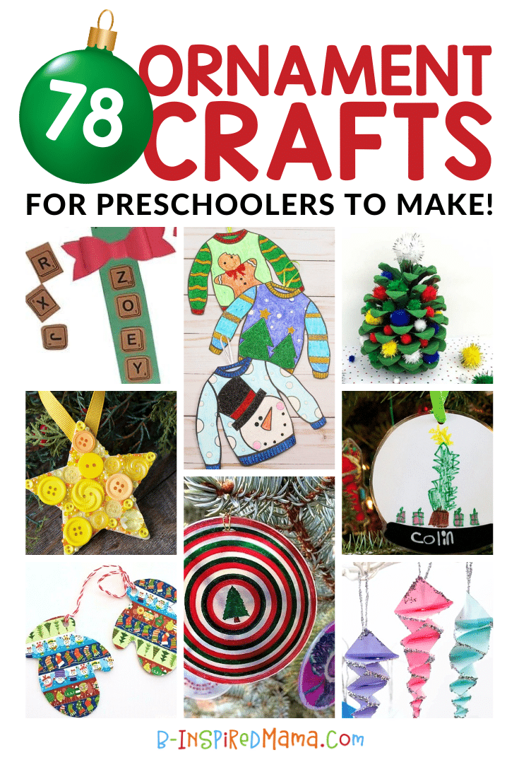 A collage of 6 photos of preschool ornament ideas and preschool ornament crafts, including a printable name ornament craft for preschoolers, a group of printable ugly sweater Christmas ornaments, a homemade Christmas ornament made out of a pinecone painted green with colorful pom poms on it, a yellow star ornament covered in yellow buttons, a paper ornament craft that looks like a snow globe with a child's artwork inside, a set of colorful patterned mitten ornaments, a preschool ornament idea made by decorating and shrinking plastic cups, and an easy paper icicle ornament craft made out of pastel paper.