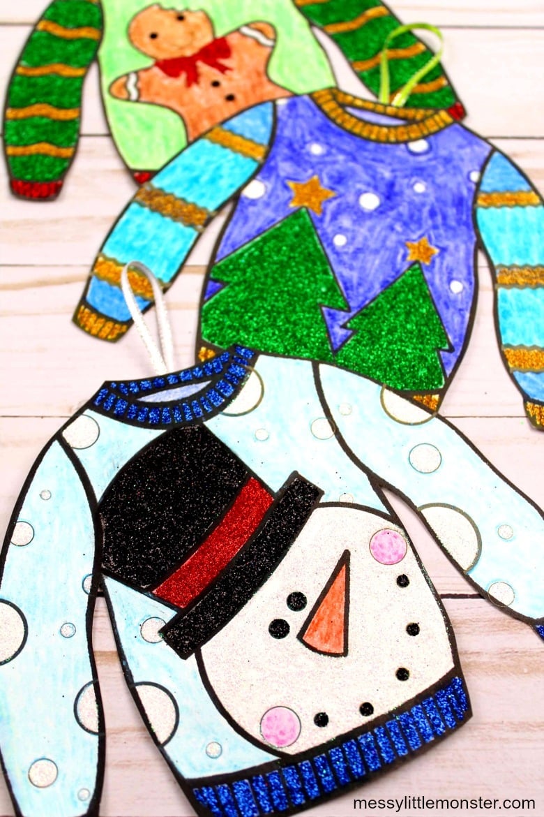 A photo of a colorful printable ugly sweater Christmas ornament craft for preschoolers.