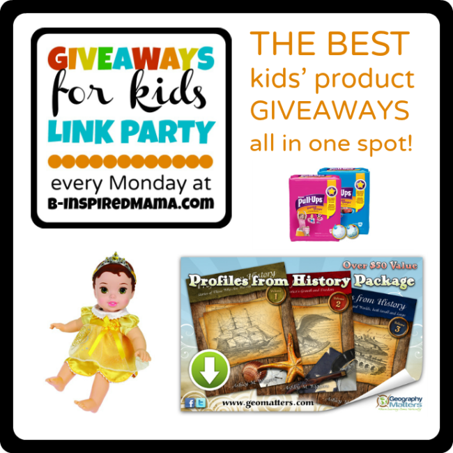 3-11 Giveaways for Kids Link Party Monday at B-InspiredMama.com
