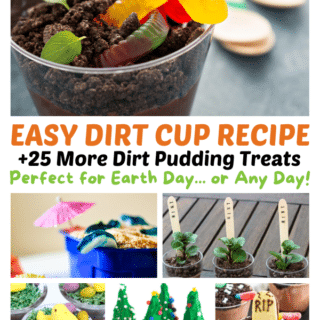 A collage of photos of various Dirt Cup Treats, including a classic chocolate pudding dirt cup with gummy worms, a beach sand bucket dirt cup with graham cracker sand and gummy sharks, mint dirt pudding desserts that like realistic plants with wooden spoon plant markers, Easter dirt pudding cups with green coconut nests and Peeps marshmallow chicks, Christmas dirt cups with sugar cone Christmas trees, and a Halloween dirt pudding cup with candy bones and a tombstone cookie.