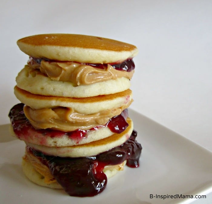 Stack of Peanut Butter Jelly Pancake Bites with Eggo at B-InspiredMama.com