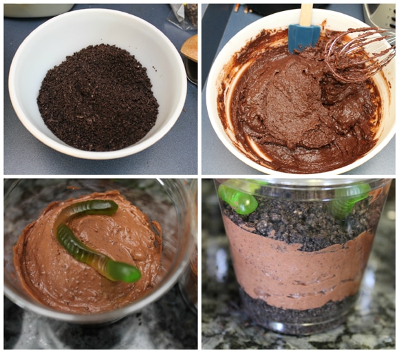 A collage of photos of steps for making easy dirt cup treats with chocolate pudding, crushed Oreo cookies, and gummy worms.
