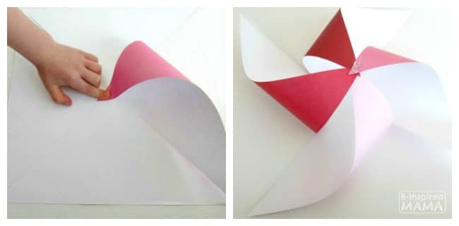 Make a Pinwheel - To Impress Your Kids - How to Bring the Corners In - at B-Inspired Mama