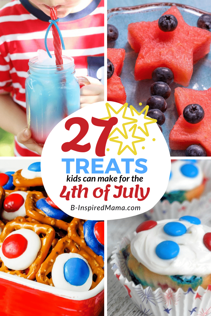 Collage of 4 photos of treats for the 4th of July including a child sipping a blue juice drink using Twizzlers candy as a straw, fruit kabobs with blueberries and star-shaped watermelon, pretzel bite treats with white chocolate and M&Ms, and vanilla cupcakes with frosting and red and blue candies.