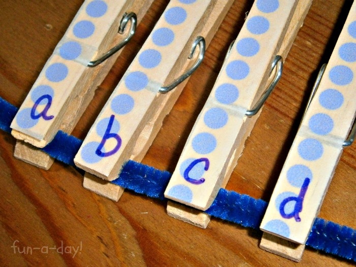 ABC Learning with Clothespin Games for Kids at B-InspiredMama.com