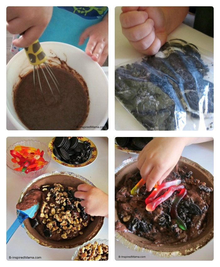 A collage of photos of a child showing how to make a mud pie including whisking the instant chocolate pudding mixture, crushing Oreo cookies in a zip-top plastic bag, and decorating the top of the mud pie with cookie crumbs, chopped walnuts, and gummy worms. 