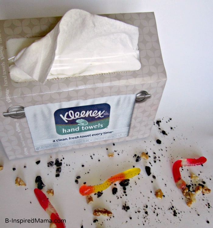 Using Kleenex Hand Towels to Clean Up Our Mud Pie Recipe Mess at B-InspiredMama.com