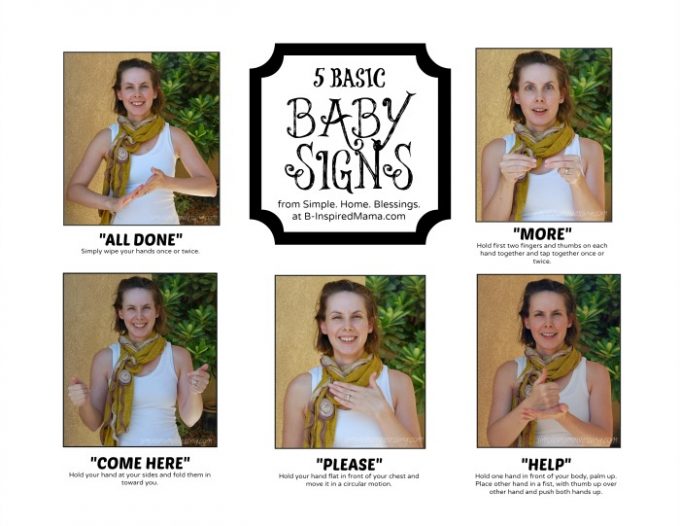 An image of a printable baby sign language chart with images of a mom demonstrating basic baby signs including the signs for All Done, More, Come Here, Please, and Help.