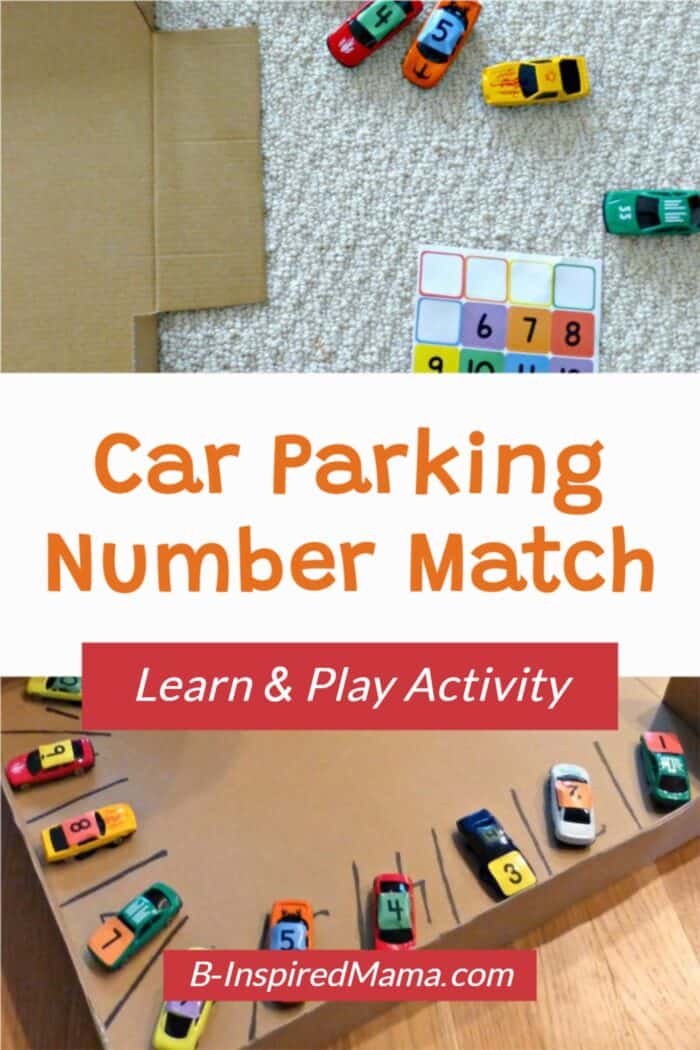 Collage of two photos showing a DIY cardboard parking lot number matching activity with small toy cars labeled with numbers and a homemade cardboard box parking garage with numbered parking spaces.