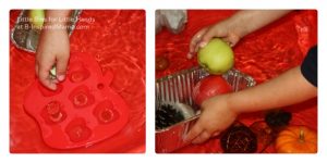 A child doing a Fall Preschool Sink or Float Experiment with various Autumn-themed objects like pine cones and pumpkins in a bin of water.