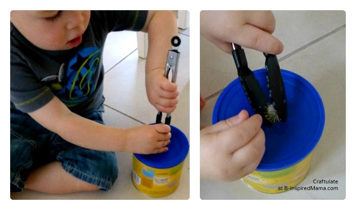 A collage of 2 photos of a toddler practicing fine motor skills with a tongs and pom pom activity.