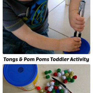 A collage of 2 photos of an easy tongs and pom pom activity for toddlers, including a toddler using tongs to drop a pom pom into a recycled food container.