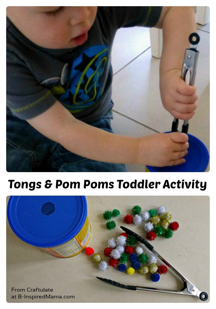A collage of 2 photos of an easy tongs and pom pom activity for toddlers, including a toddler using tongs to drop a pom pom into a recycled food container.