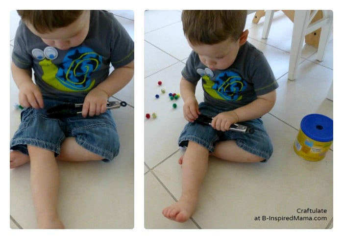 Using Tongs and Pom Poms for a Toddler Activity at B-Inspired Mama