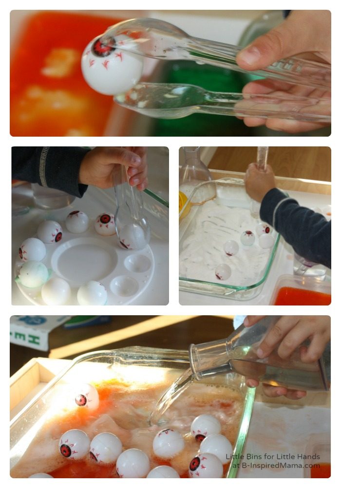 A collage of 4 photos of a child playing with a preschool Halloween science activity incorporating baking soda and vinegar reactions and fake fizzing eyeballs.