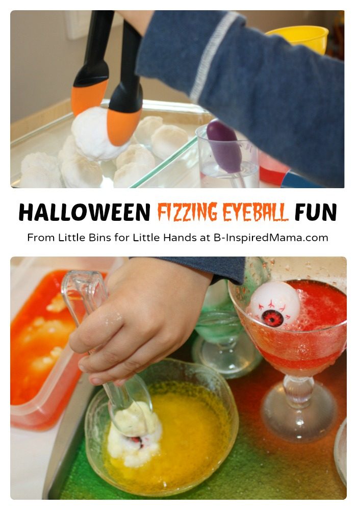A collage of 2 photos of a preschool Halloween science activity involving baking soda and vinegar and fizzing plastic eyeballs.