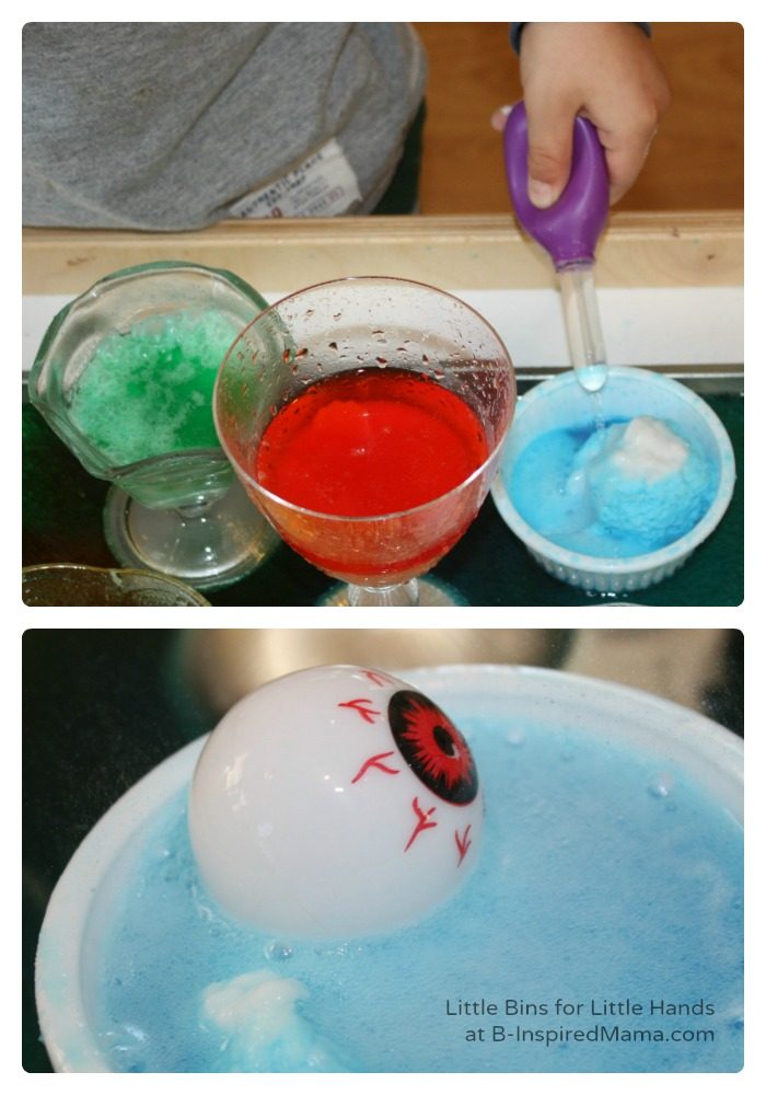 A collage of 2 photos of a fun "fizzing eyeballs" preschool science Halloween activity including a plastic eyeball floating in fizzy blue liquid and a preschooler's hand squeezing an eyedropper of liquid on a fizzing round ball of baking soda.