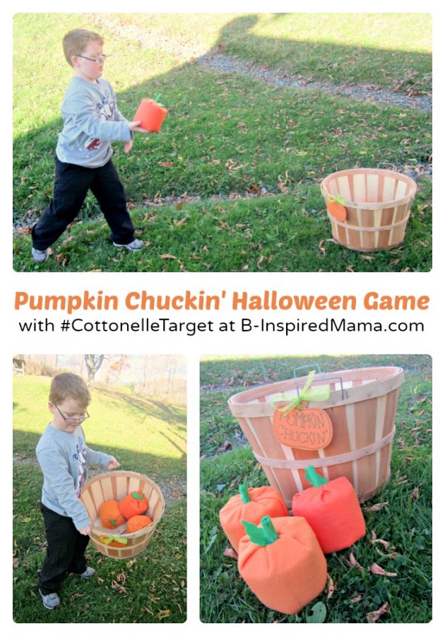 A collage of 3 photos of a Chunk a Pumpkin Game, a DIY pumpkin toss game perfect for a kids Halloween party that has kids tossing pumpkins made out of toilet paper rolls.