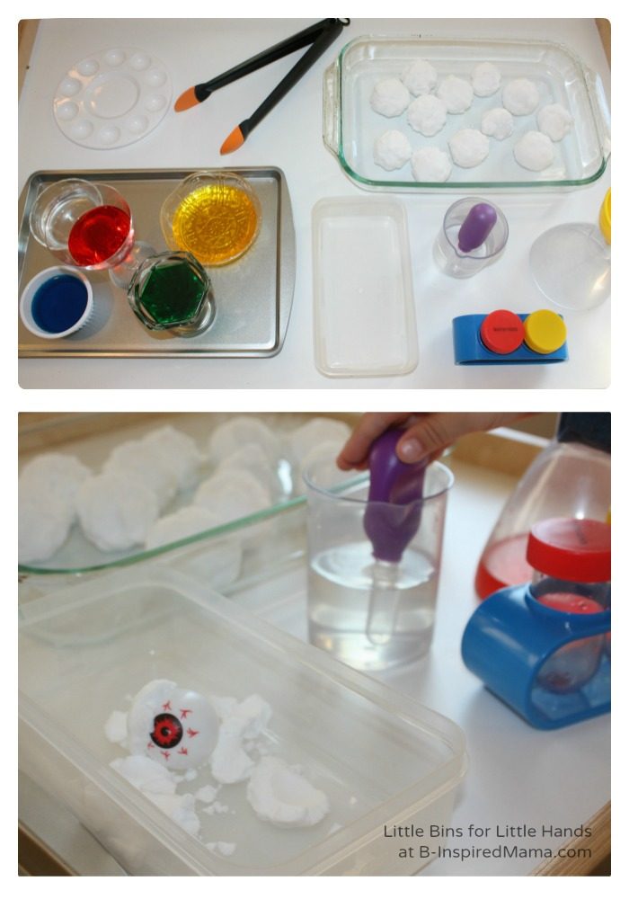 A collage of 2 photos of the set up of a "Fizzing Eyeballs" preschool Halloween science activity.