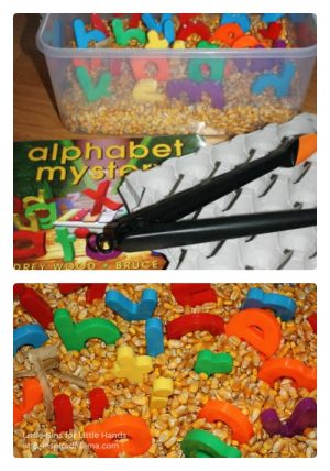 Corn & Alphabet Sensory Play at B-Inspired Mama