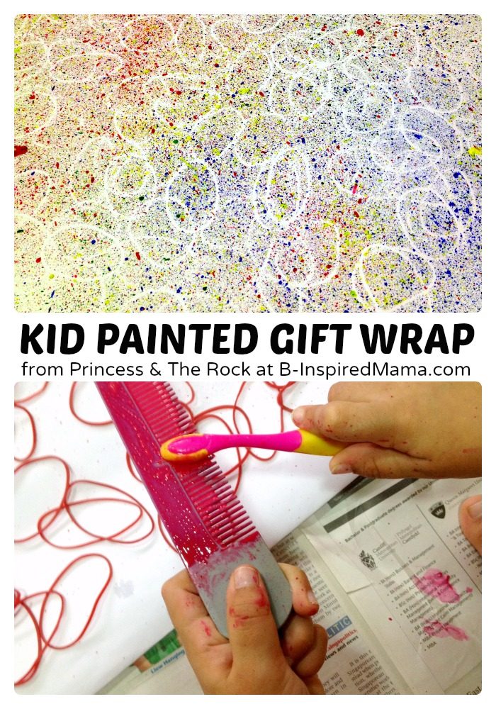 A collage of 2 photos of a fun and easy idea for painting wrapping paper with kids that includes brushing a paint-filled toothbrush over a plastic comb to create an airbrush effect on the gift wrap.