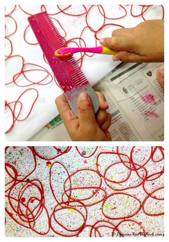 A collage of 2 photos of the making of rubber band splatter painted wrapping paper using a plastic comb and a toothbrush.