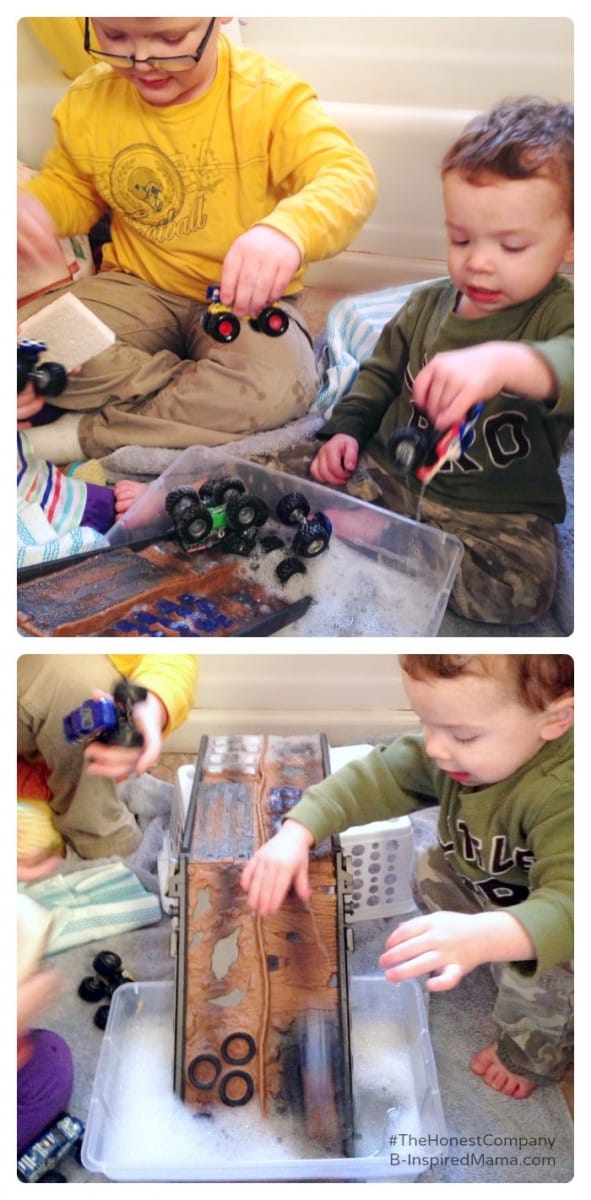 Sensory Play with a Monster Truck Wash - Sponsored by #TheHonestCompany at B-Inspired Mama