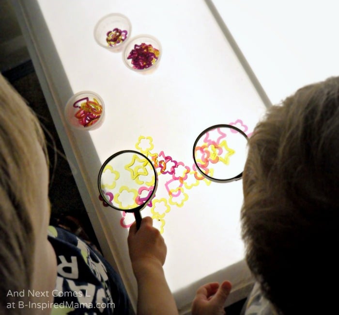 Using Magnifying Glasses for Learning Shapes on the Light Table - B-Inspired Mama