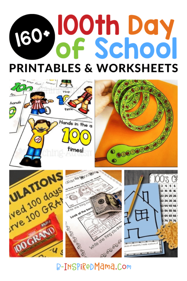 A collage of 5 photos of free 100 days of school printables and worksheets for kids of all ages, including cute printable 100th day of school workout cards, a green swirling paper snake craft printable for the 100th day, yellow 100 days of school printable treat cards with 100 Grand candy bars, a money-themed 100 days of school worksheet with a $100 bill, and a printable 100 chart macaroni collage craft project.
