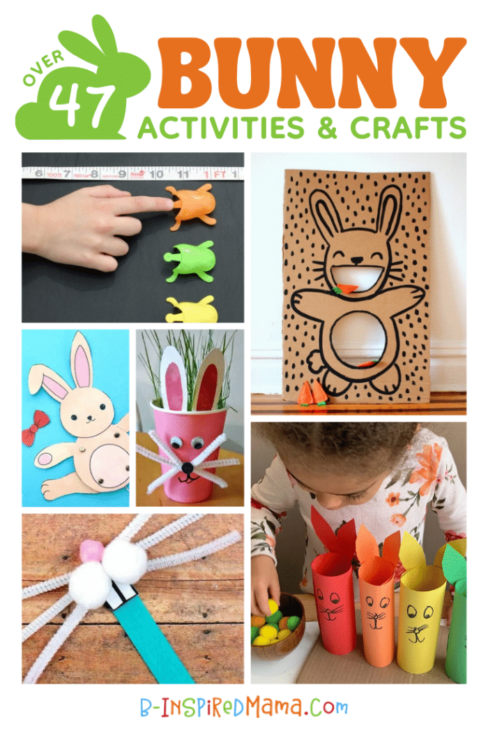 A collage of photos of various Easter Bunny activities for kids, including a child playing a measuring game with little hopping bunny toys, a DIY cardboard bunny bean bag toss game, a cute articulated paper bunny puppet, a pink paper cup turned into a cute bunny-themed grass planter, a popsicle stick bunny mask craft with white pom pom cheeks and white pipe cleaner whiskers, and a preschooler playing a color matching game with colorful bunnies made out of toilet paper rolls.