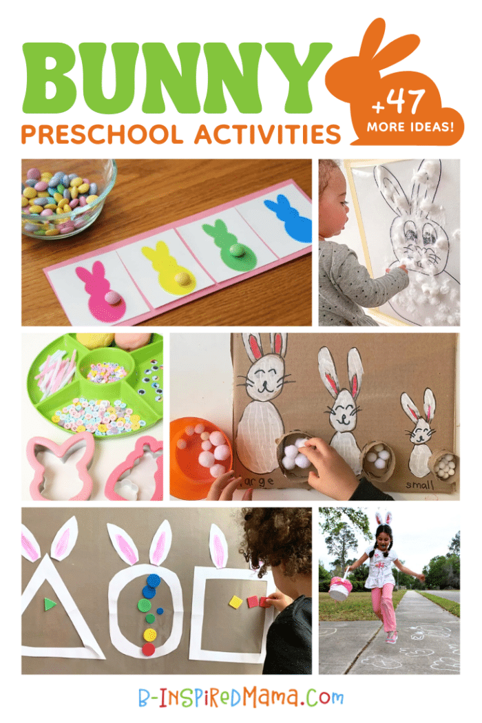 A collage of photos of various Easter Bunny activities for preschool, including a color matching bunny activities using pastel Easter M&M candy, a preschooler adding cotton balls to a bunny on a DIY sticky wall, an Easter Bunny-themed play dough setup with bunny cookie cutters, a child's hands playing a bunny tail sorting activity using different size pom poms, a preschool child playing a shape sorting activity using bunnies with different shape faces, and a girl wearing bunny ears and holding an Easter basket hopping while playing an Easter Bunny sidewalk chalk alphabet game.